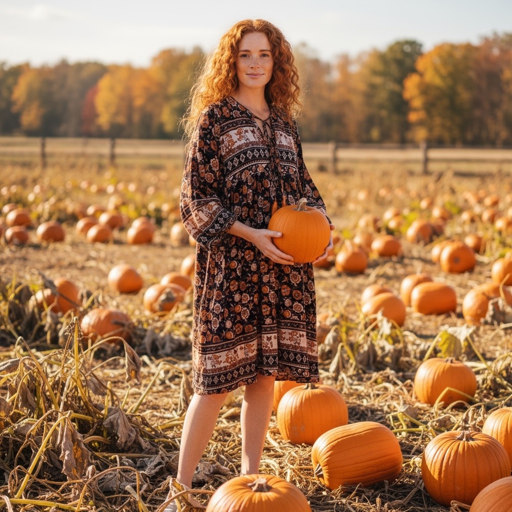 Bohemian Floral Long Sleeve Dress - Black and Orange